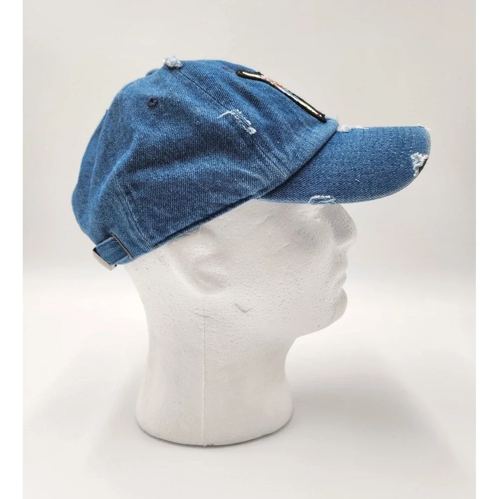 KB ETHOS VINTAGE DENIM DISTRESSED TRUCKER BASEBALL HAT CAP BULL SKULL PATCH